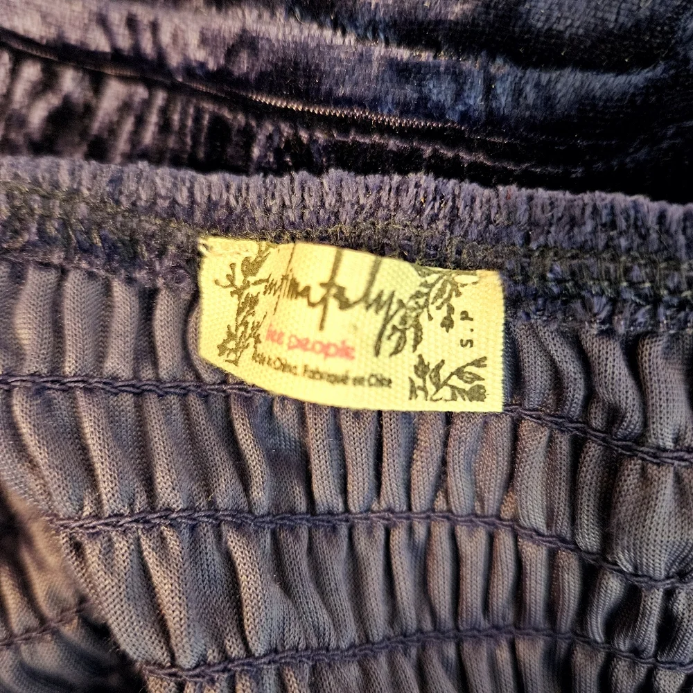 Free People Bodysuit Sz S Girls Just Wanna Velvet Smocked Puff Sleeve Navy Marin